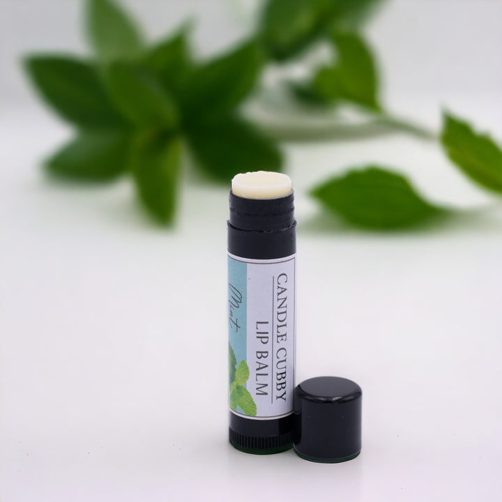 Mint Lip Balm, Classic Tube, Mint Flavored, Candle Cubby, Countertop Photo with Mint Leaves