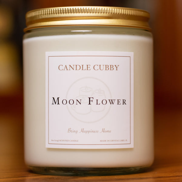 Moonflower, 8oz Jar Candle, Moonflower Scented, Front View Cover Photo. Candle Cubby
