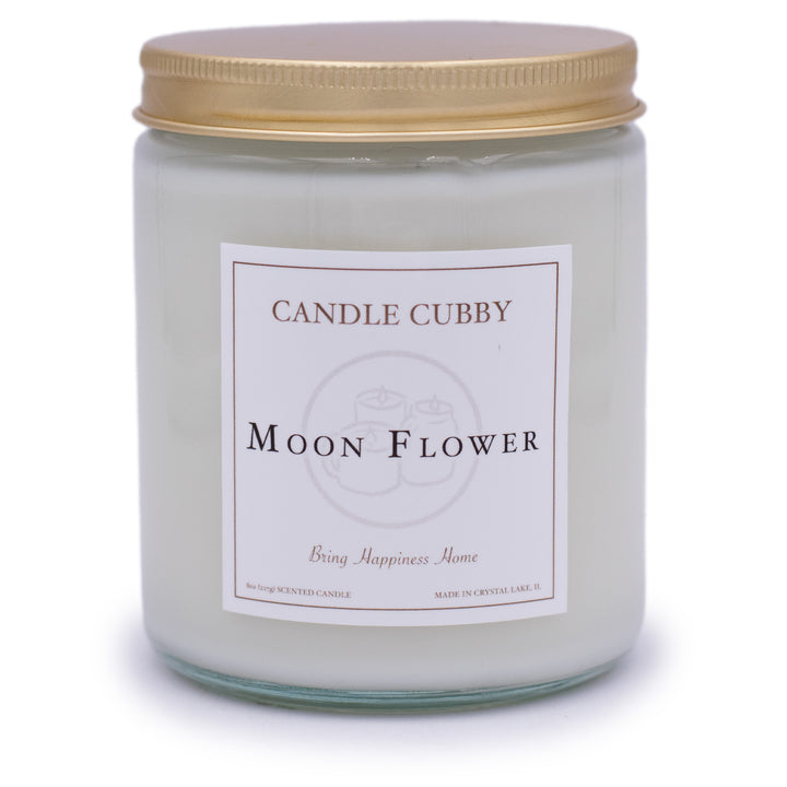 Moonflower, 8oz Jar Candle, Moonflower Scented, Front View, Plain White Background. Candle Cubby