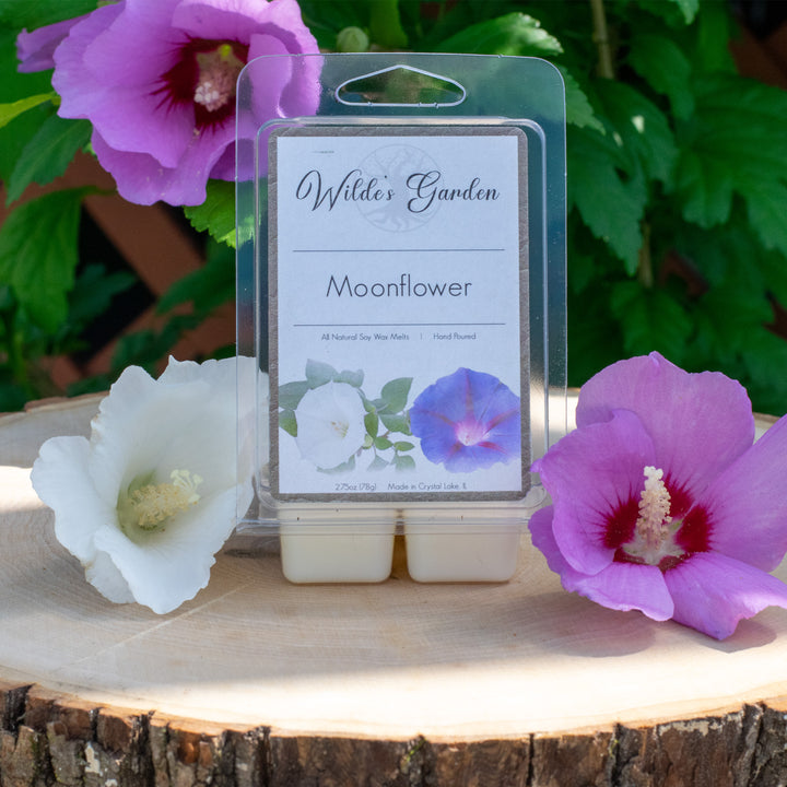Moonflower, Scented Wax Melts, Moonflower, Pear and Rose Scented, Wilde's Garden, Photo on Log with Flowers