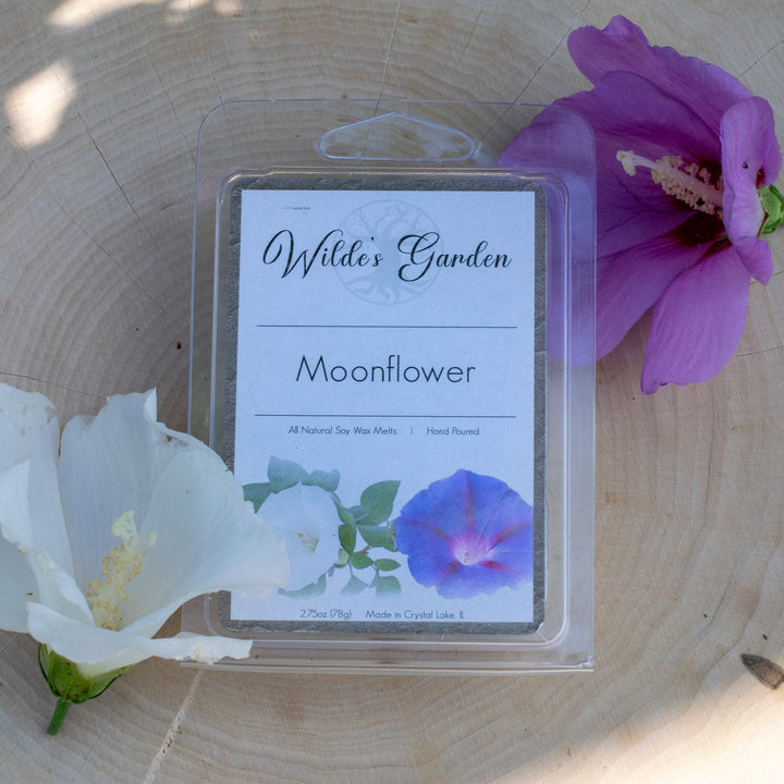 Moonflower, Scented Wax Melts, Moonflower, Pear and Rose Scented, Wilde's Garden, Photo on Log with Flowers, Top Down View