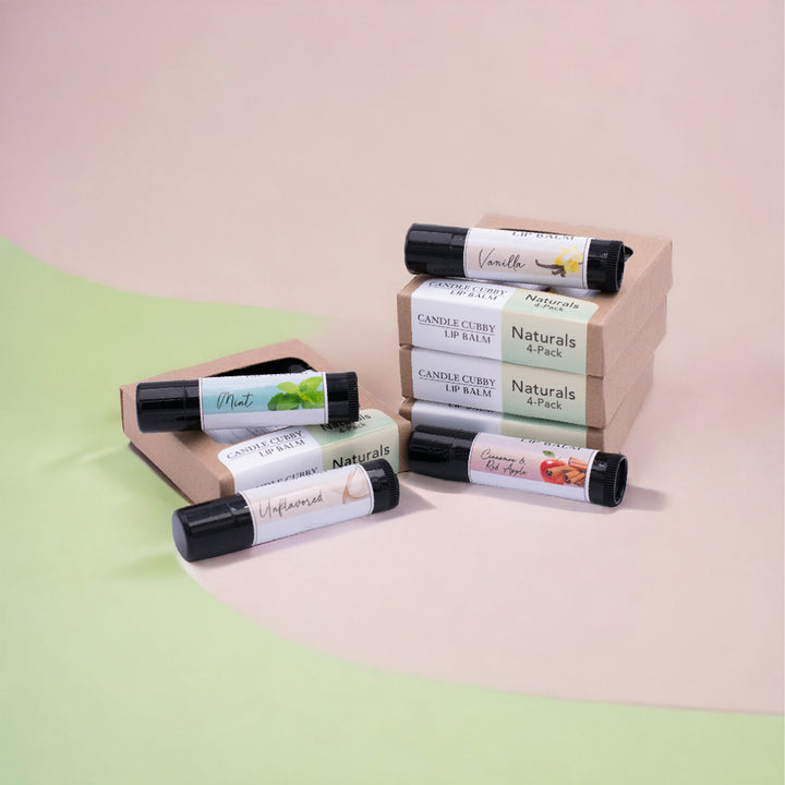 Naturals Lip Balm Pack, Classic Tubes, Unflavored, Mint, Vanilla, Cinnamon & Red Apple Flavored, Candle Cubby, Stacked Boxes with Colored Background