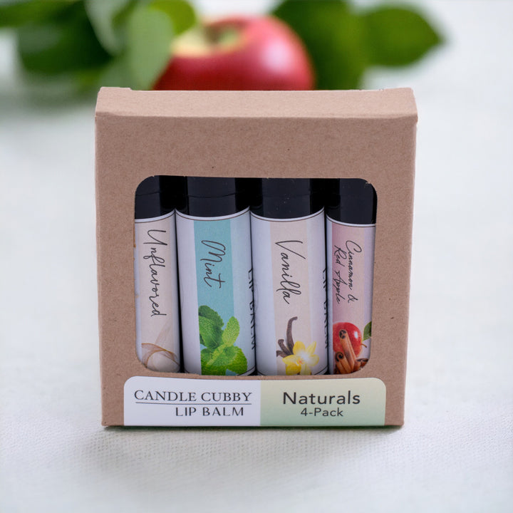 Naturals Lip Balm Pack, Classic Tubes, Unflavored, Mint, Vanilla, Cinnamon & Red Apple Flavored, Candle Cubby, Cover Photo with Product Box