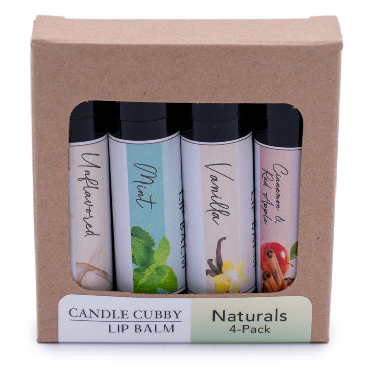 Naturals Lip Balm Pack, Classic Tubes, Unflavored, Mint, Vanilla, Cinnamon & Red Apple Flavored, Candle Cubby, Product Box, Plain White Background