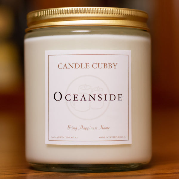 Oceanside, 8oz Jar Candle, Ocean and Sea Scented, Front View Cover Photo. Candle Cubby