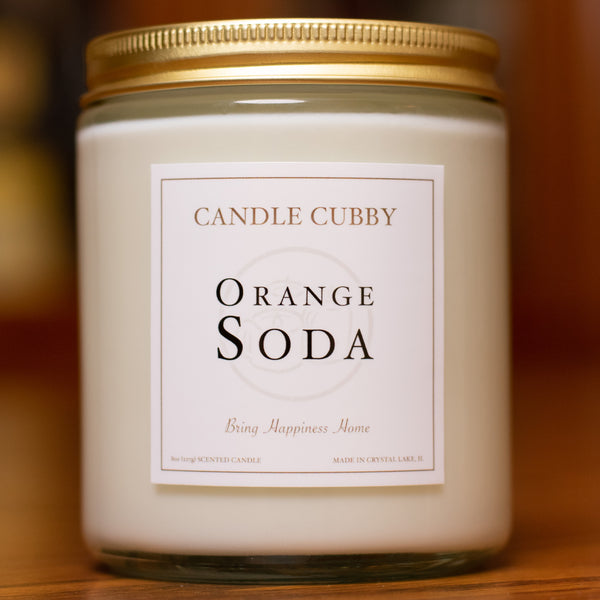 Orange Soda, 8oz Jar Candle, Tropical Fruit and Citrus, Front View Cover Photo. Candle Cubby