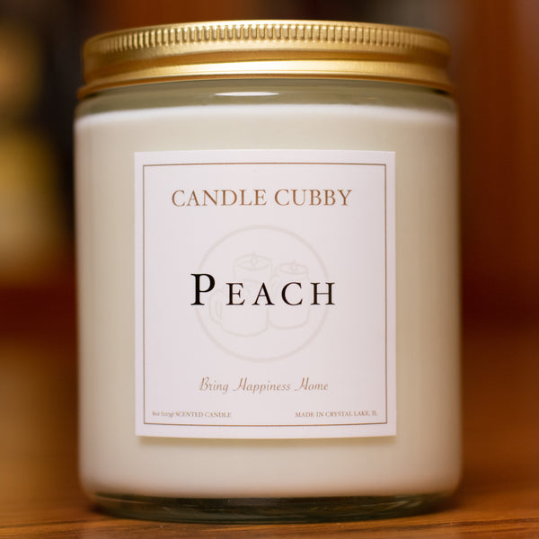 Peach, 8oz Jar Candle, Peach Scented, Front View, Cover Photo. Candle Cubby