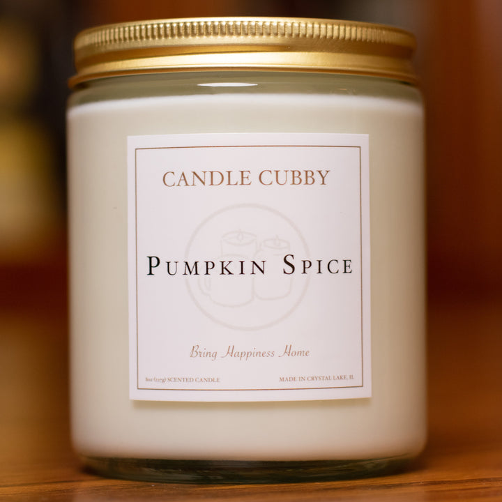 Pumpkin Spice, 8oz Jar Candle, Pumpkin and Cinnamon, Front View Cover Photo. Candle Cubby