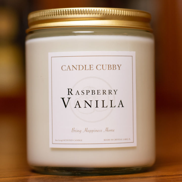 Raspberry Vanilla, 8oz Jar Candle, Raspberry & Vanilla, Front View, Cover Photo. Candle Cubby
