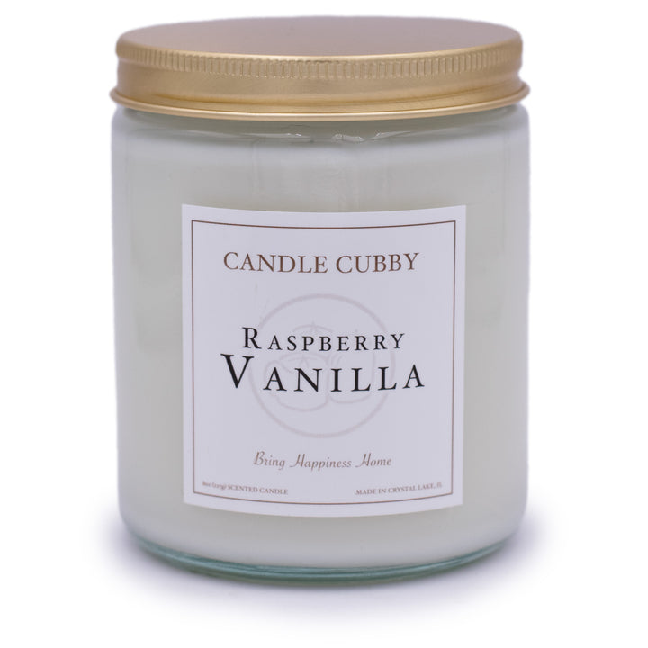 Raspberry Vanilla, 8oz Jar Candle, Raspberry & Vanilla, Front View, Plain White Background. Candle Cubby