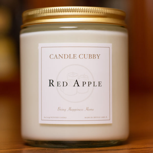 Red Apple, 8oz Jar Candle, Apple Orchard Scented, Front View Cover Photo. Candle Cubby