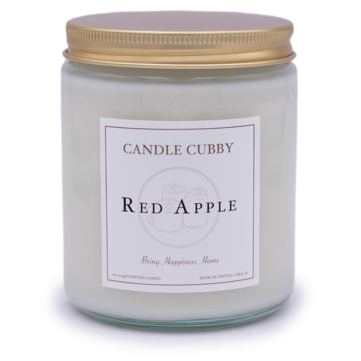 Red Apple, 8oz Jar Candle, Apple Orchard Scented, Front View, Plain White Background. Candle Cubby