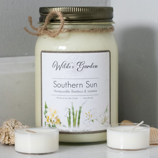 Southern Sun, 16oz Mason Jar Candle, Honeysuckle, Bamboo and Jasmine, Bathroom Counter Cover Photo