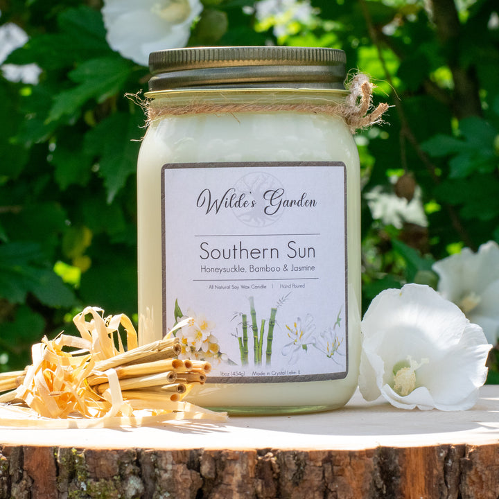 Southern Sun, 16oz Mason Jar Candle, Honeysuckle, Bamboo and Jasmine, Photo on Log