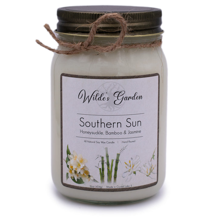 Southern Sun, 16oz Mason Jar Candle, Honeysuckle, Bamboo and Jasmine, Plain White Background