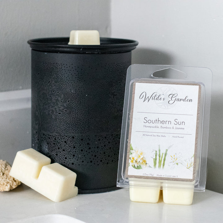 Southern Sun, Scented Wax Melts, Honeysuckle, Bamboo and Jasmine Scented, Wilde's Garden, Bathroom Countertop Photo with Wax Melter