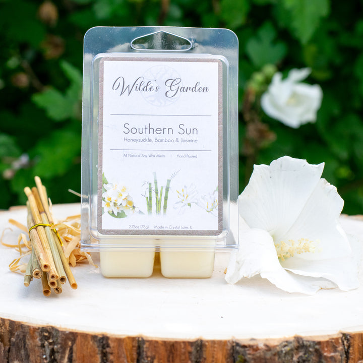Southern Sun, Scented Wax Melts, Honeysuckle, Bamboo and Jasmine Scented, Wilde's Garden, Outdoor Photo on Log with Honeysuckle Flower