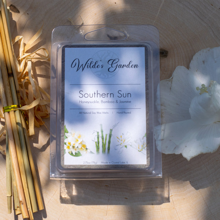 Southern Sun, Scented Wax Melts, Honeysuckle, Bamboo and Jasmine Scented, Wilde's Garden, Photo on Log with Bamboo, Top Down View