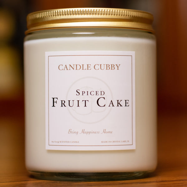 Spiced Fruit Cake, 8oz Jar Candle, Spiced Fruit Scented, Front View Cover Photo. Candle Cubby