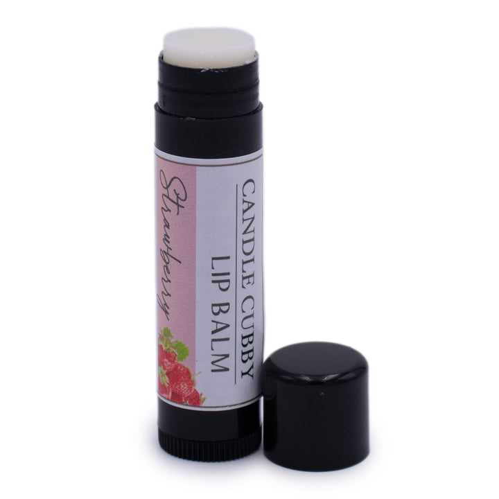 Strawberry Lip Balm, Classic Tube, Strawberry Flavored, Candle Cubby, Plain White Background, Cap Off