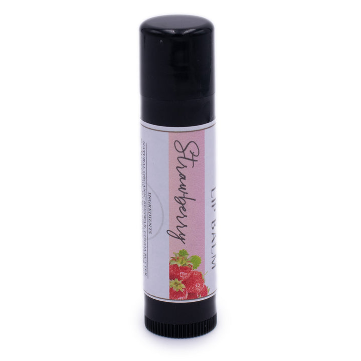 Strawberry Lip Balm, Classic Tube, Strawberry Flavored, Candle Cubby, Plain White Background, Cap On