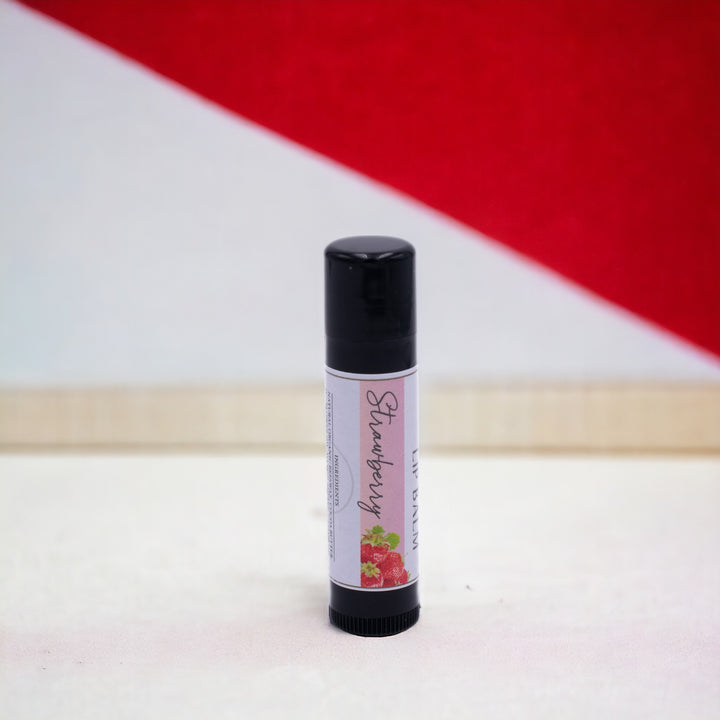 Strawberry Lip Balm, Classic Tube, Strawberry Flavored, Candle Cubby, Cover Photo with Colored Background