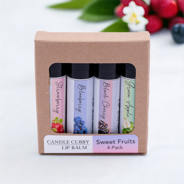 Sweet Fruits Lip Balm Pack, Classic Tubes, Strawberry, Blueberry, Black Cherry, Green Apple Flavored, Candle Cubby, Cover Photo with Fruit Background and Product Box