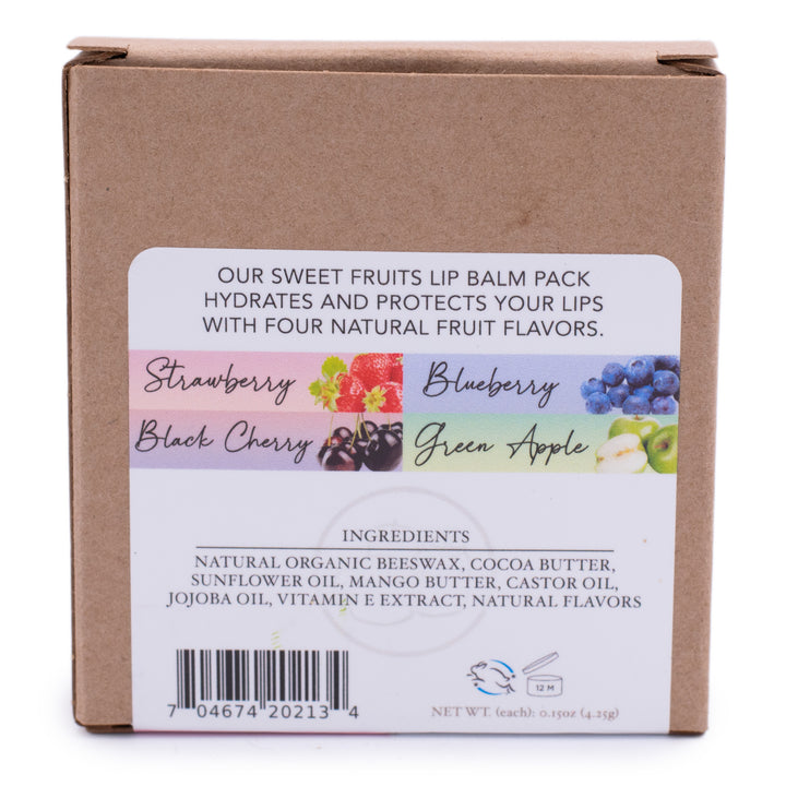 Sweet Fruits Lip Balm Pack, Classic Tubes, Strawberry, Blueberry, Black Cherry, Green Apple Flavored, Candle Cubby, Plain White Background, Product Box, Rear View