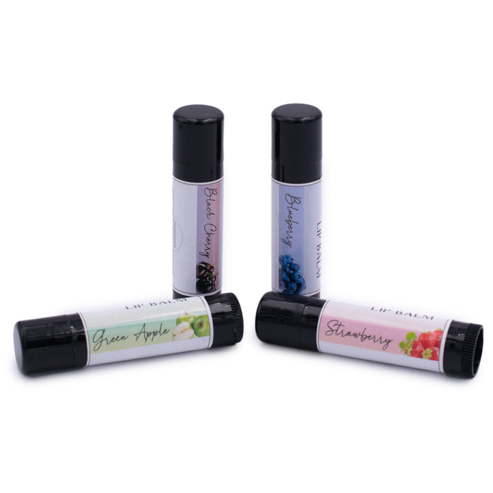 Sweet Fruits Lip Balm Pack, Classic Tubes, Strawberry, Blueberry, Black Cherry, Green Apple Flavored, Candle Cubby, Free Standing Tubes with Plain White Background