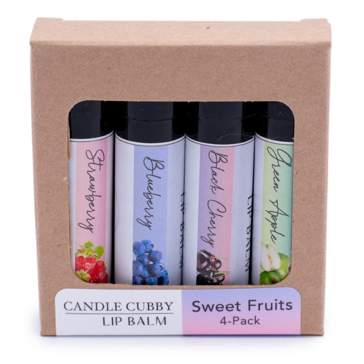 Sweet Fruits Lip Balm Pack, Classic Tubes, Strawberry, Blueberry, Black Cherry, Green Apple Flavored, Candle Cubby, Plain White Background, Product Box, Front View