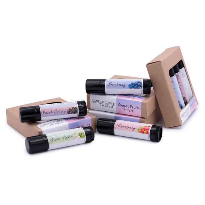 Sweet Fruits Lip Balm Pack, Classic Tubes, Strawberry, Blueberry, Black Cherry, Green Apple Flavored, Candle Cubby, Leaning Stack with Plain White Background