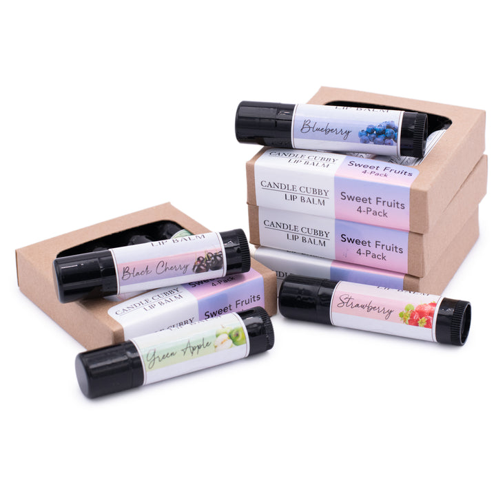 Sweet Fruits Lip Balm Pack, Classic Tubes, Strawberry, Blueberry, Black Cherry, Green Apple Flavored, Candle Cubby, Boxes Stack with Plain White Background