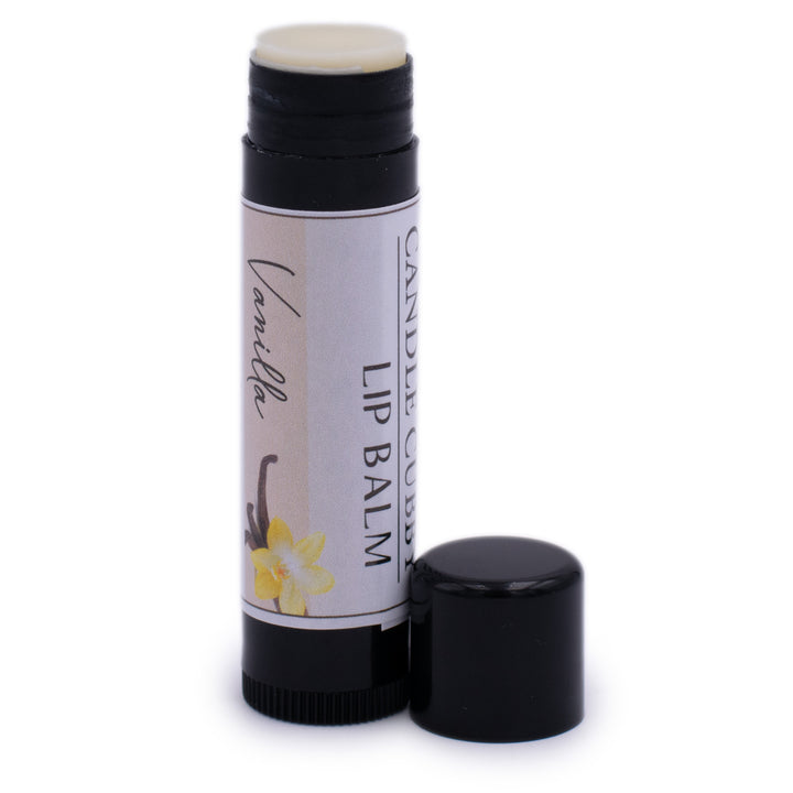 Vanilla Lip Balm, Classic Tube, Vanilla Flavored, Candle Cubby, Plain White Background, Cap Off