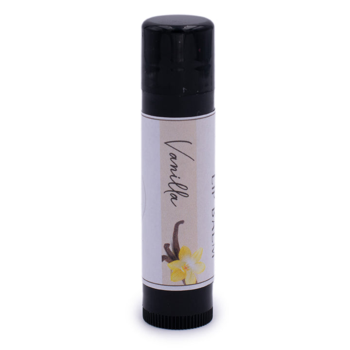 Vanilla Lip Balm, Classic Tube, Vanilla Flavored, Candle Cubby, Plain White Background, Cap On