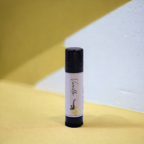 Vanilla Lip Balm, Classic Tube, Vanilla Flavored, Candle Cubby, Cover Photo with Colored Background