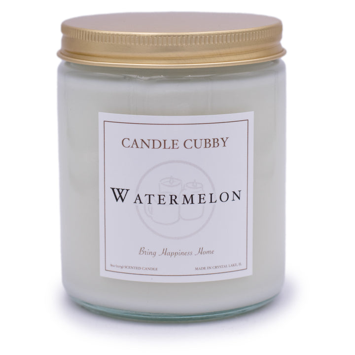 Watermelon, 8oz Jar Candle, Sweet Watermelon Scented, Front View Plain White Background. Candle Cubby