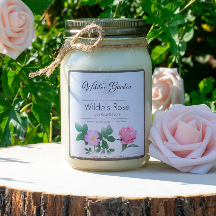 Wilde's Rose, 16oz Mason Jar Candle, Lush Rose and Peony, Photo on Log