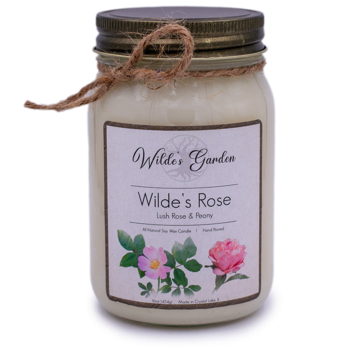 Wilde's Rose, 16oz Mason Jar Candle, Lush Rose and Peony, Plain White Background