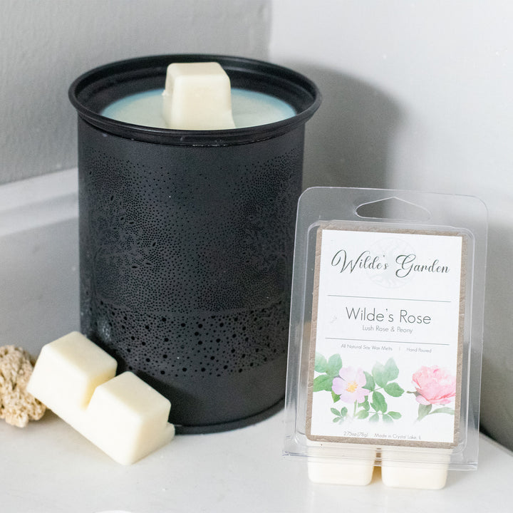 Wilde's Rose, Scented Wax Melts, Lush Rose and Peony Scented, Wilde's Garden, Bathroom Countertop View with Wax Melter