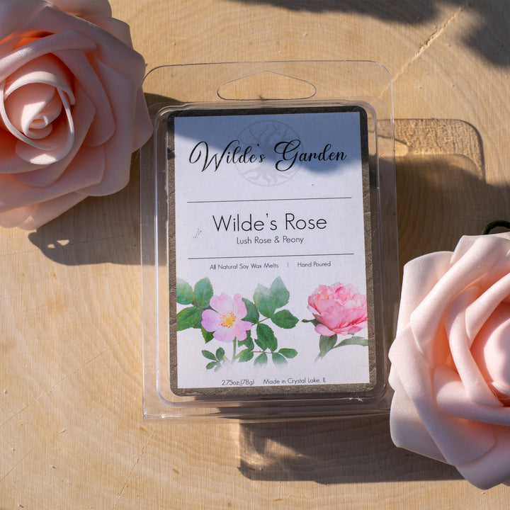 Wilde's Rose, Scented Wax Melts, Lush Rose and Peony Scented, Wilde's Garden, Photo on Log with Roses, Top Down View