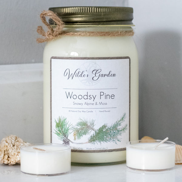 Woodsy Pine, 16oz Mason Jar Candle, Snowy Alpine and Moss Scented, Bathroom Counter Cover Photo