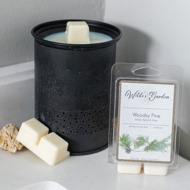 Woodsy Pine, Scented Wax Melts, Snowy Alpine and Moss Scented, Wilde's Garden, Bathroom Countertop Photo with Melter