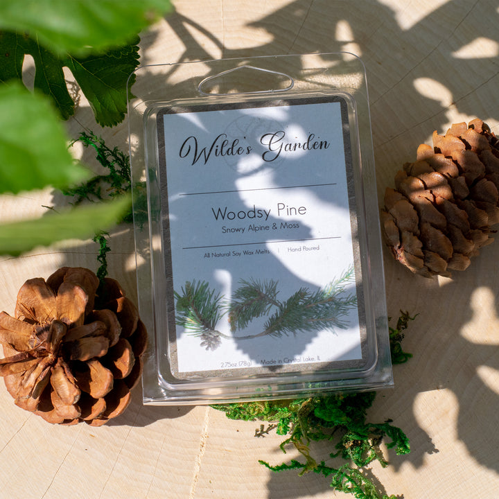 Woodsy Pine, Scented Wax Melts, Snowy Alpine and Moss Scented, Wilde's Garden, Photo on Log with Pinecones, Top Down View