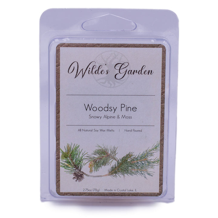 Woodsy Pine, Scented Wax Melts, Snowy Alpine and Moss Scented, Wilde's Garden, Plain White Background, Front View
