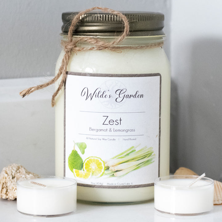 Zest, 16oz Mason Jar Candle, Bergamot and Lemongrass Scented, Bathroom Counter Cover Photo