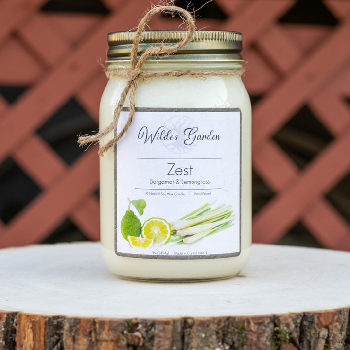 Zest, 16oz Mason Jar Candle, Bergamot and Lemongrass Scented, Photo on Log