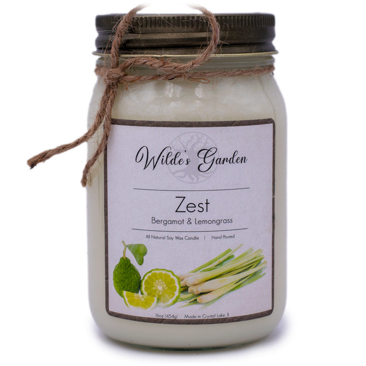 Zest, 16oz Mason Jar Candle, Bergamot and Lemongrass Scented, Plain White Background