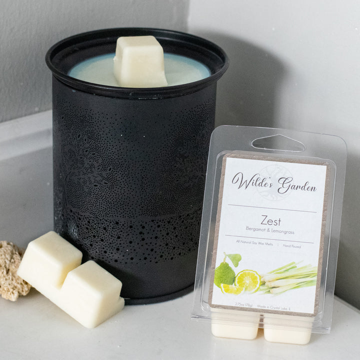 Zest, Scented Wax Melts, Bergamot and Lemongrass Scented, Wilde's Garden, Bathroom Countertop Photo with Wax Melter