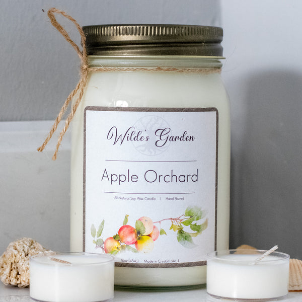 Apple Orchard, 16oz Mason Jar Candle, Fresh Apple Harvest, Front View on Bathroom Counter