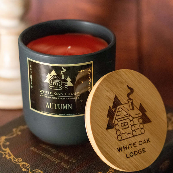 Autumn, 12oz Jar Candle, Savory Apple and Bourbon Scented, Front View with Lid Removed